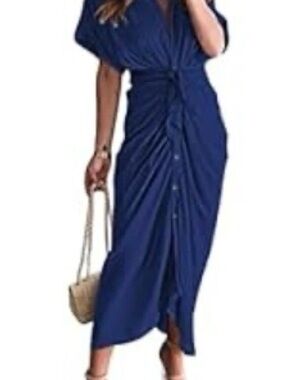 Navy Ruched Button-Front Midi Dress